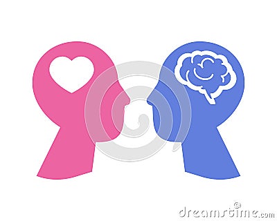 Feelings vs mind concept. Psychology of love between a man and a woman Vector Illustration