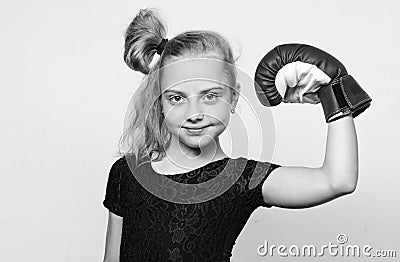 She feels as winner. Upbringing for leadership and winner. Feminist movement. Strong child proud winner boxing Stock Photo