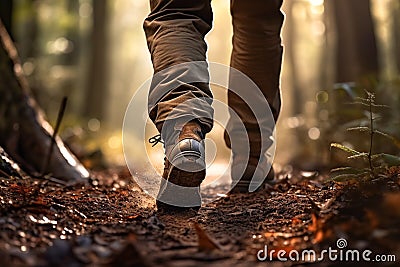 Feet in boots walking through forest, hiking and hike, illustration. Generative AI Cartoon Illustration