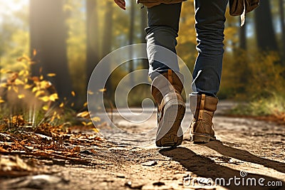 Feet in boots walking through forest, hiking and hike, illustration. Generative AI Cartoon Illustration