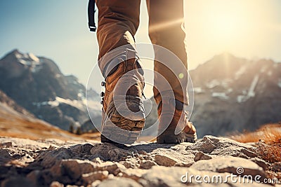 Feet in boots, walking hiking in mountains and mountaineering, illustration. Generative AI Cartoon Illustration