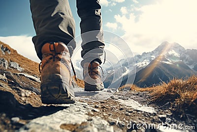 Feet in boots, walking hiking in mountains and mountaineering, illustration. Generative AI Cartoon Illustration