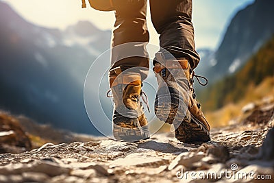 Feet in boots, walking hiking in mountains and mountaineering, illustration. Generative AI Cartoon Illustration