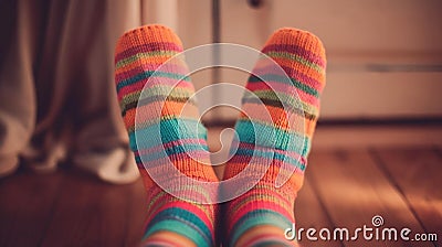 feet covered in cozy striped woollen socks Stock Photo