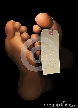 Feet of a deceased person are depicted in this illustration. Cartoon Illustration