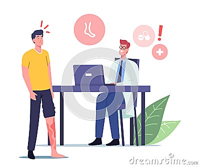 Feet Health Care. Patient with Diseased Foot Visit Doctor Working on Laptop Searching Info about Vessels Inflammation Vector Illustration