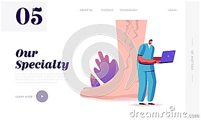 Feet Health Care, Podiatry Landing Page Template. Tiny Doctor Character with Laptop at Huge Foot with Diseased Veins Vector Illustration