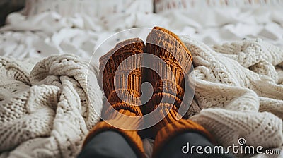feet in knitted woollen socks peeking out from under a knitted warm blanket in winter. warm and cosy Stock Photo
