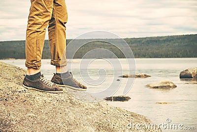 Feet Man walking Outdoor Travel Fashion Lifestyle Stock Photo