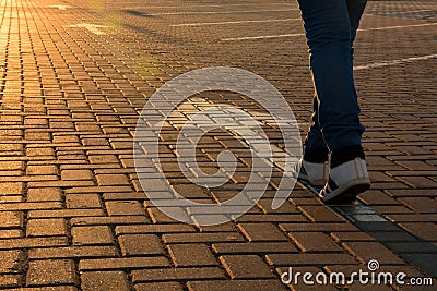 Forward movement. Feet on the road with arrows in the rays of the setting sun Stock Photo