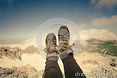 Feet selfie Woman trekking boots relaxing outdoor Stock Photo