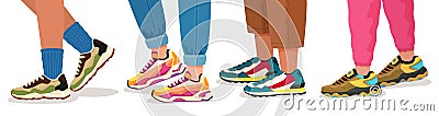 Feet in sneakers. Female and male walking legs in sport shoes with socks, pants and jeans. Trendy fashion fitness Vector Illustration