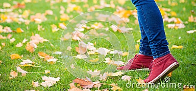 Feet sneakers walking on fall leaves Stock Photo