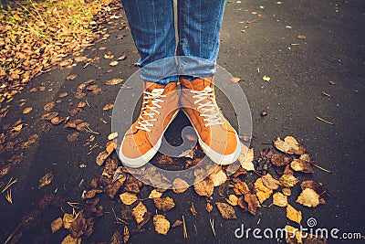 Feet sneakers walking on fall leaves Outdoor Stock Photo