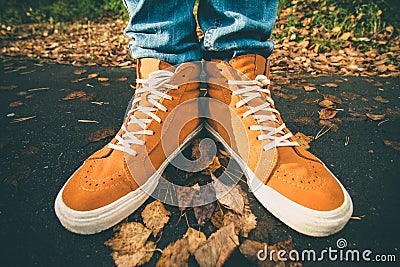 Feet sneakers walking on fall leaves Outdoor Stock Photo