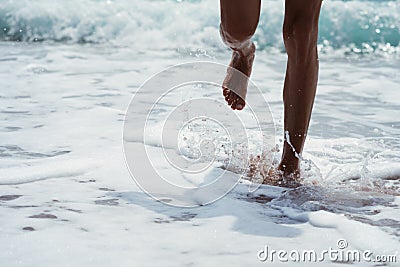 Feet splashing against sea waves on the beach - Summer fun concept background with copy space - Sea & beach vacation traveling con Stock Photo
