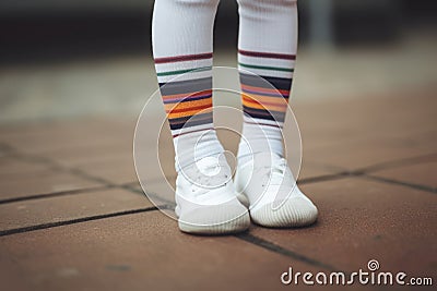 Feet wearing white sneakers and multicolored striped socks. Generate ai Stock Photo