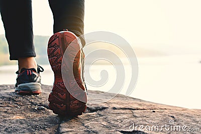 Feet women walking in nature background Stock Photo