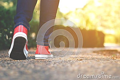 Feet women in the walking on the park Stock Photo