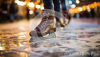 feet of a young woman skating on ice rink at night in winter Stock Photo