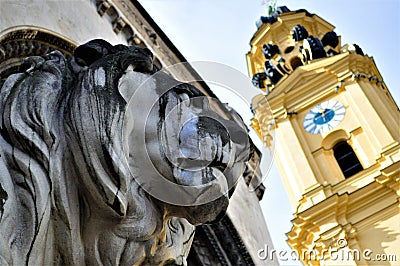 Odeonsplatz view of Feldherrnhalle and Theatinerkirche Stock Photo