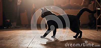 A Felidae carnivore, the black cat with fur walks in dark room on wooden floor Stock Photo