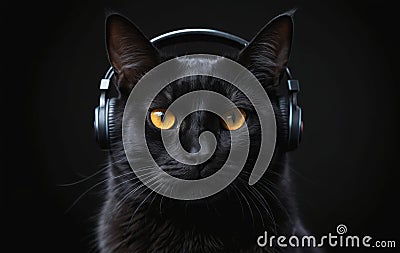 Felidae Cat with headphones in darkness, listening with its sensitive ears Stock Photo