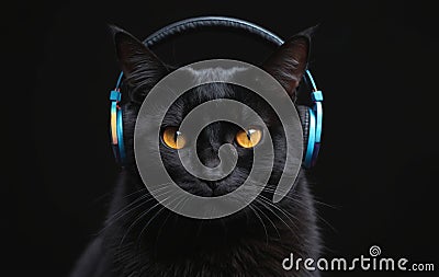 Felidae Cat with headphones in darkness, listening with its sensitive ears Stock Photo