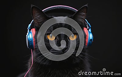 Felidae Cat with headphones in darkness, listening with its sensitive ears Stock Photo
