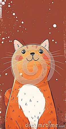 Felidae cat with orange fur, whiskers, sitting on red background, smiling Stock Photo