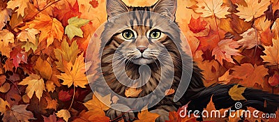 Felidae Lynx with whiskers sitting in leaves, in a painting Stock Photo