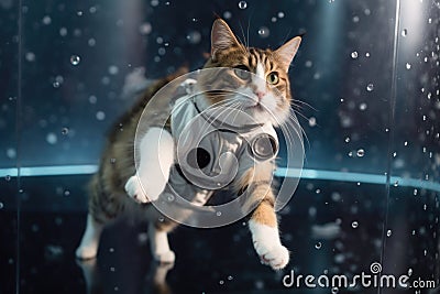 feline astronaut floating in weightless environment, with view of starry sky visible in the background Stock Photo