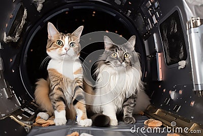 feline and canine astronaut explorers in space shuttle, floating among starry expanse Stock Photo
