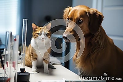 feline and canine scientists in laboratory conducting experiment, testing hypothesis Stock Photo