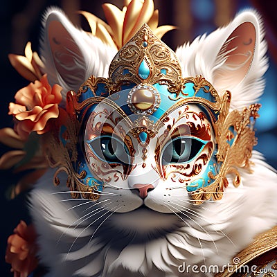 Feline Elegance: 3D Rendered Portrait of a Cat in a Richly Decorated Masquerade Mask, Exuding High Detail and Elegance Stock Photo