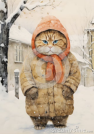 Feline Fashion Faux Pas: A Guilty Kitten Braving the Winter Chil Stock Photo