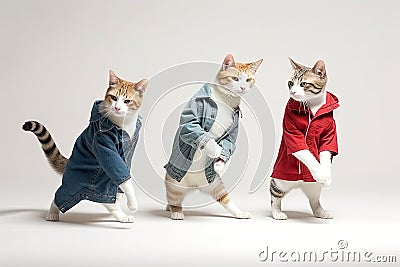 Feline Fashionistas: Cats Dancing Break Dance in Human Clothes. Stock Photo