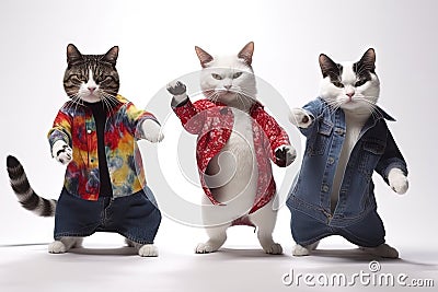 Feline Fashionistas: Cats Dancing Gangnam Style in Human Clothes on White Background. Perfect for Invitations and Posters. Stock Photo