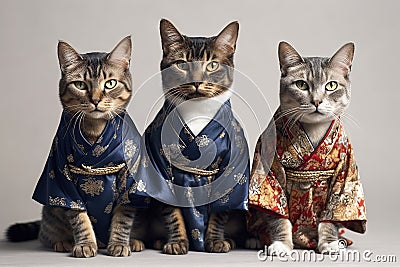 Feline Fashionistas Sipping Chinese Tea in Human Clothes on White Background. Perfect for Invitations and Posters. Stock Photo