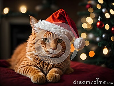 Feline Festivities: Orange Cat in Santa Hat Spreading Christmas Cheer Stock Photo
