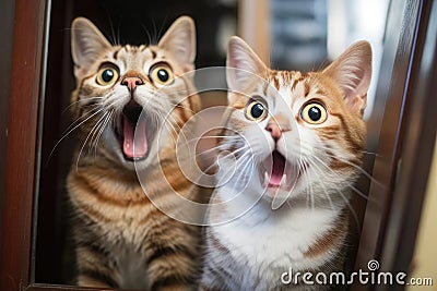 Feline Friends Caught Off Guard: A Close-Up Surprise Stock Photo