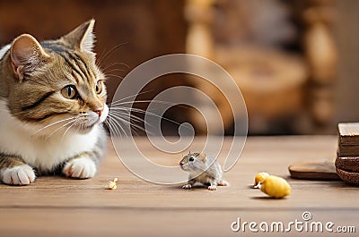 Feline Fun: Cat Playfully Engaging with a Little Gerbil Mouse on the Table. Stock Photo