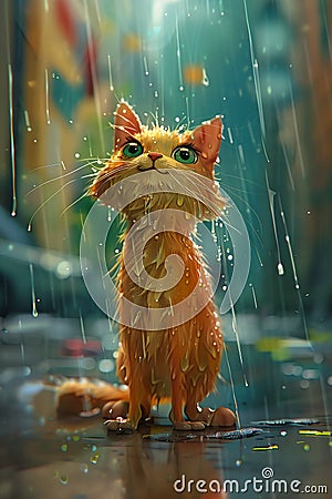 Feline Fun in the Rain: A Whimsical Digital Painting of a Playfu Stock Photo