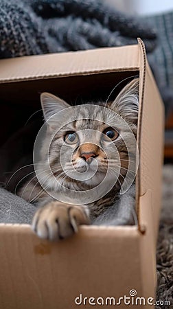 Feline hideaway Cute cat in cardboard box on cozy carpet Stock Photo