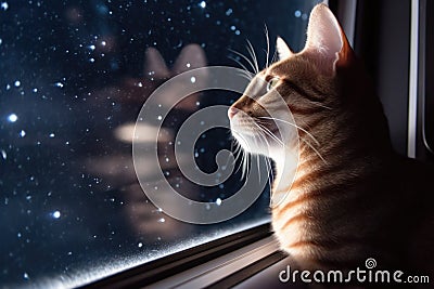 feline looking out window of spaceship, with view of the stars and planets in the background Stock Photo
