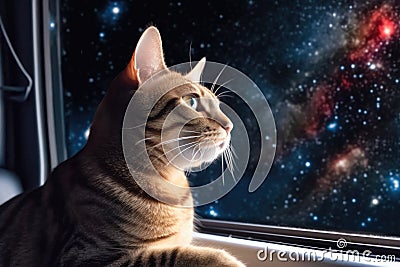 feline looking out window of spaceship, with view of the stars and planets in the background Stock Photo