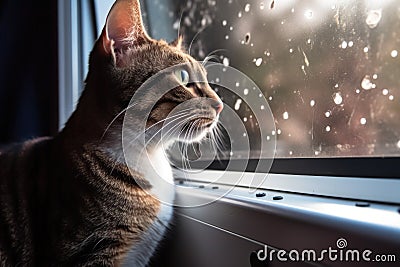 feline looking out window of spaceship, with view of the stars and planets in the background Stock Photo