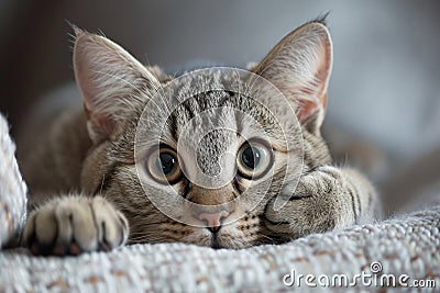 Feline's Surprise Causes It To Muffle A Gasp, Hiding Its Mouth With Adorable Paws Stock Photo