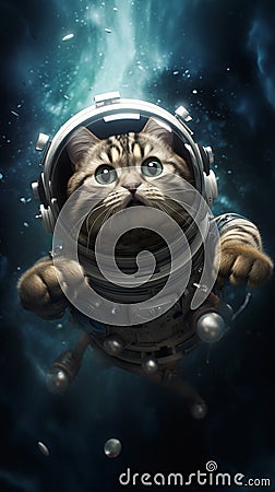 Feline in Space: A Cute and Promotional Mascot's Extreme Descent Stock Photo
