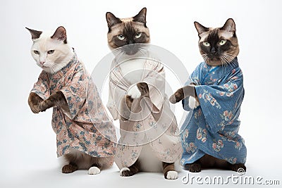 Feline Tai Chi Masters: Three Cats in Human Tunics Practicing on White Background. Stock Photo